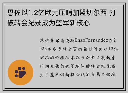 恩佐以1.2亿欧元压哨加盟切尔西 打破转会纪录成为蓝军新核心 恩佐以1.2亿欧元压哨加盟切尔西 打破转会纪录成为蓝军新核心