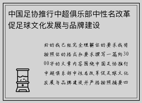 中国足协推行中超俱乐部中性名改革促足球文化发展与品牌建设 中国足协推行中超俱乐部中性名改革促足球文化发展与品牌建设